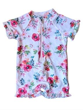 NWT Little Me SPF 50 Pink Floral Zip Front Lined Rashguard One Piece 12 Months